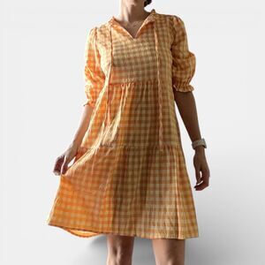 NWT Nanette Lepore Orange + Yellow Gingham Midi Dress Puff Sleeve Cottagecore